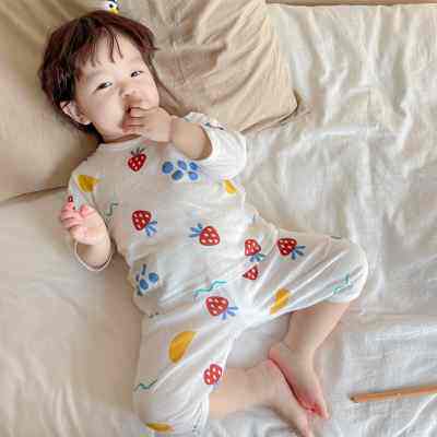 夏季宝宝家居服薄款纯棉半袖呼吸空调服儿童睡衣男童女童短袖套装