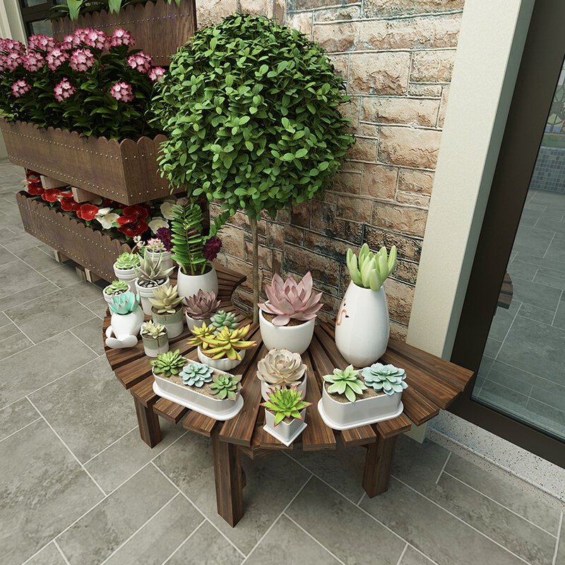 多肉花架造型户外露台网红置物架阳台半圆形纯实木凳子花盆架子