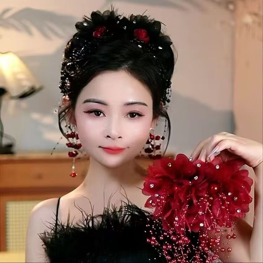 红色流苏发夹后脑勺新娘发饰古风发饰