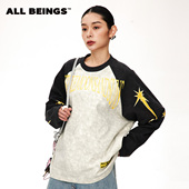 宽松T恤女 BEINGS撞色印花牛角插肩长袖 左航×卢昱晓同款 ALL