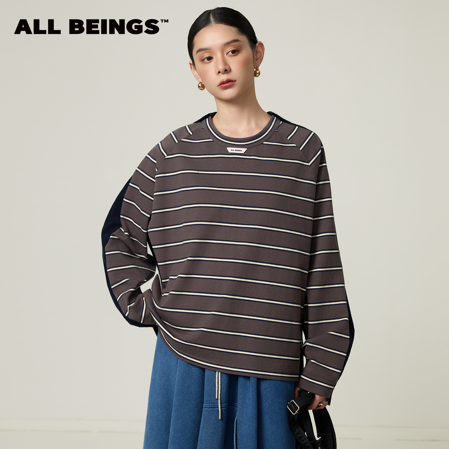 ALL BEINGS2026SS春季新款衬衫解构拼接条纹圆领百搭长袖T恤女