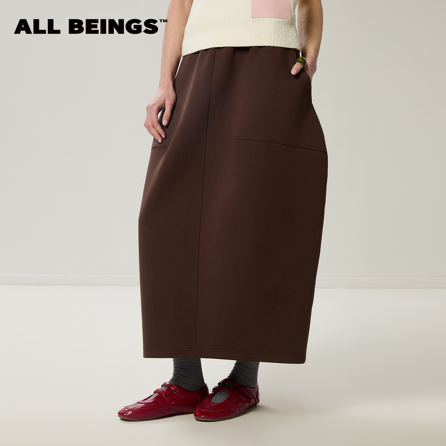 ALL BEINGS26SS建筑感显瘦穿搭棕色立体塑形面料花苞半身长裙女
