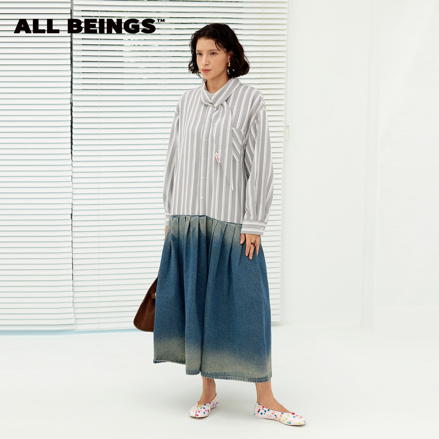 ALL BEINGS26AW秋季新款海军风领巾衬衫拼接牛仔百褶A字连衣裙