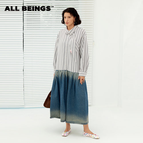 ALLBEINGS牛仔拼接百褶连衣裙