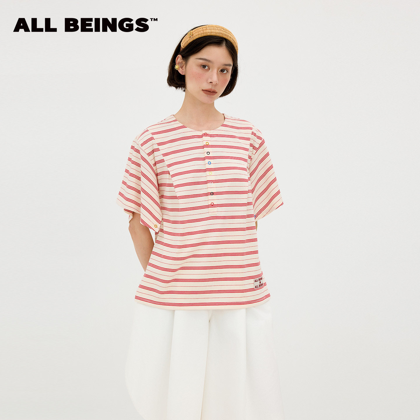 ALL BEINGS2026SS夏季新款彩扣条纹解构亨特领假两件开袖错位T恤