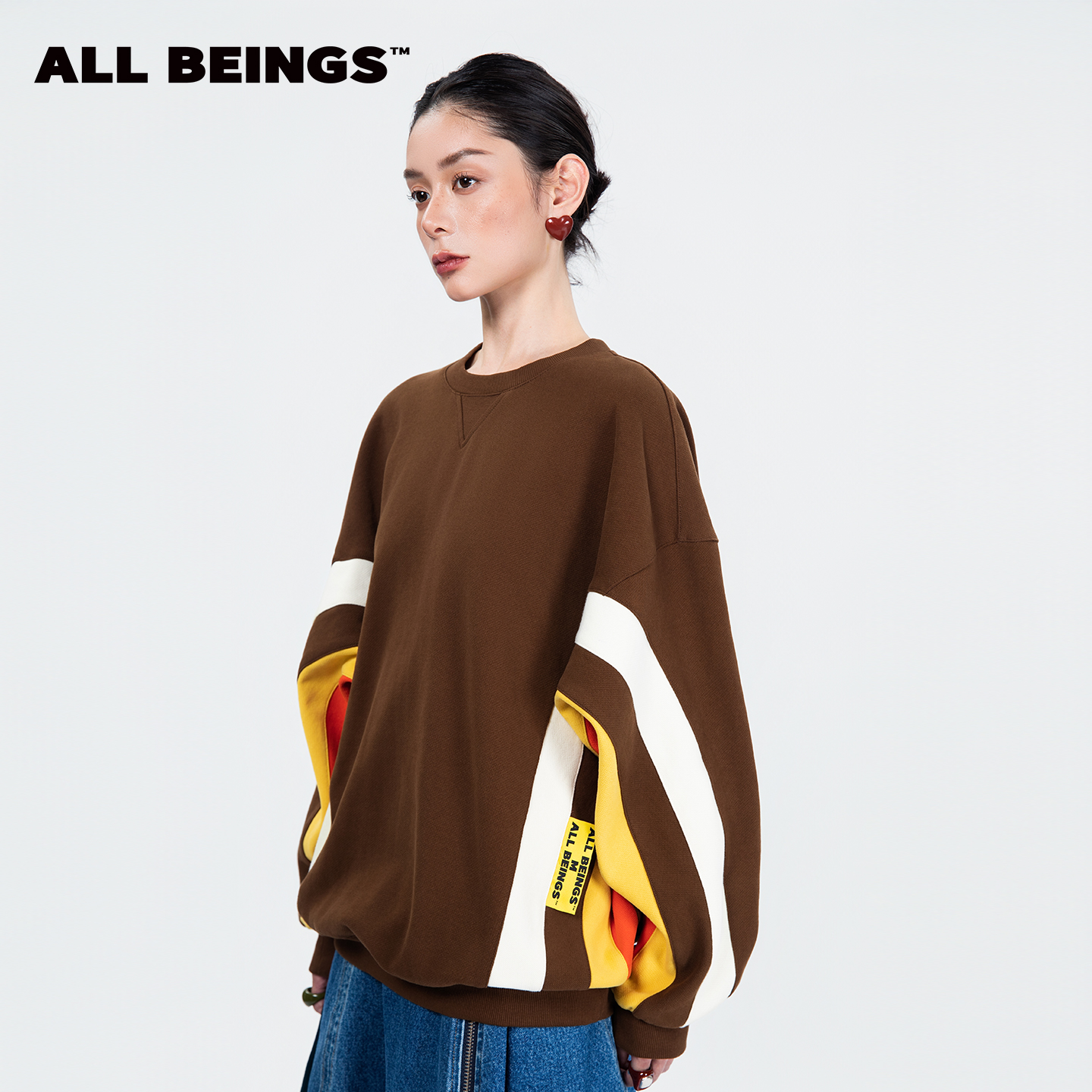 ALL BEINGS2025AW新品设计感百搭休闲深棕色撞色拼接结构卫衣
