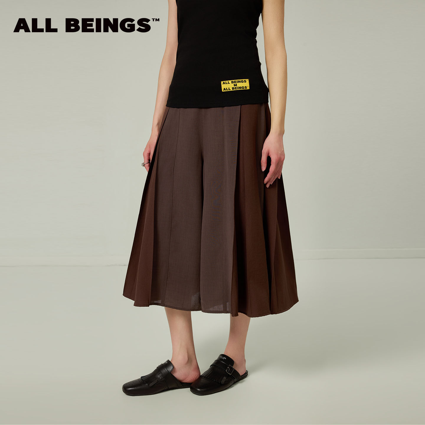 ALL BEINGS2026SS夏季新款百搭棕色百褶拼接七分A摆轻薄阔腿裙裤