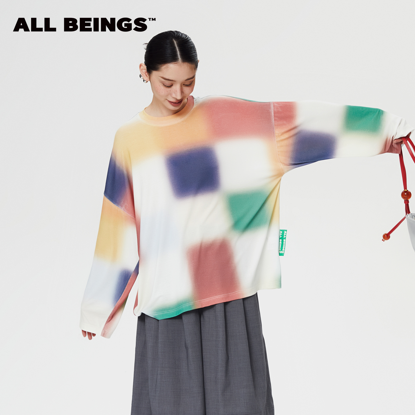 ALL BEINGS25SS夏季新款户外穿搭轻薄模糊彩色格纹宽松长袖T恤衫