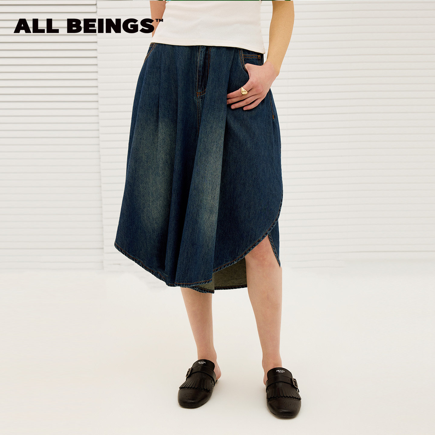 ALL BEINGS2026SS夏季新款花瓣侧开衩汉麻混纺洗水牛仔五分中裤