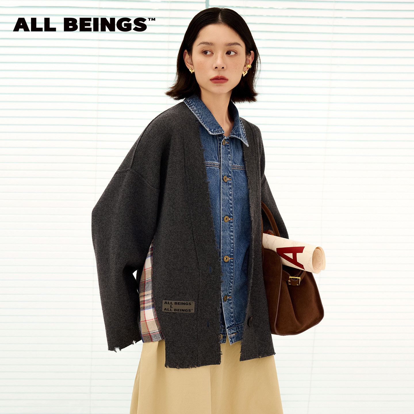 ALL BEINGS26AW秋季新款做旧拼接牛仔V领羊毛针织假两件开衫外套