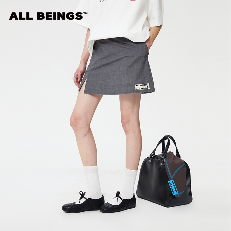 ALL BEINGS2025SS夏季新款轻薄混纺羊毛须边a字短裙
