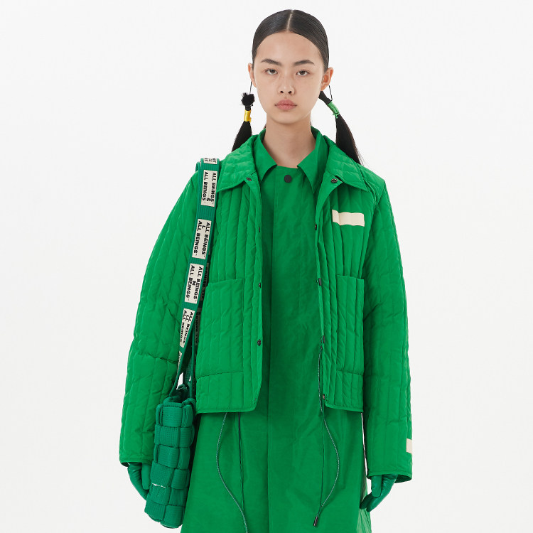 ALL BEINGS绿色绗缝羽绒夹克都市时尚潮情侣款短外套夹克羽绒服