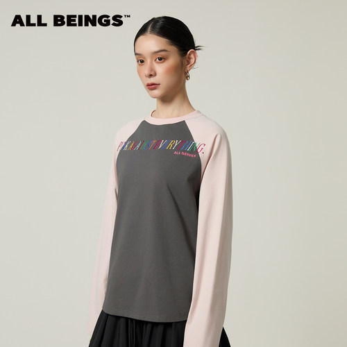 ALL BEINGS2026SS春季新品设计感 彩色字母刺绣撞色插肩长袖T恤
