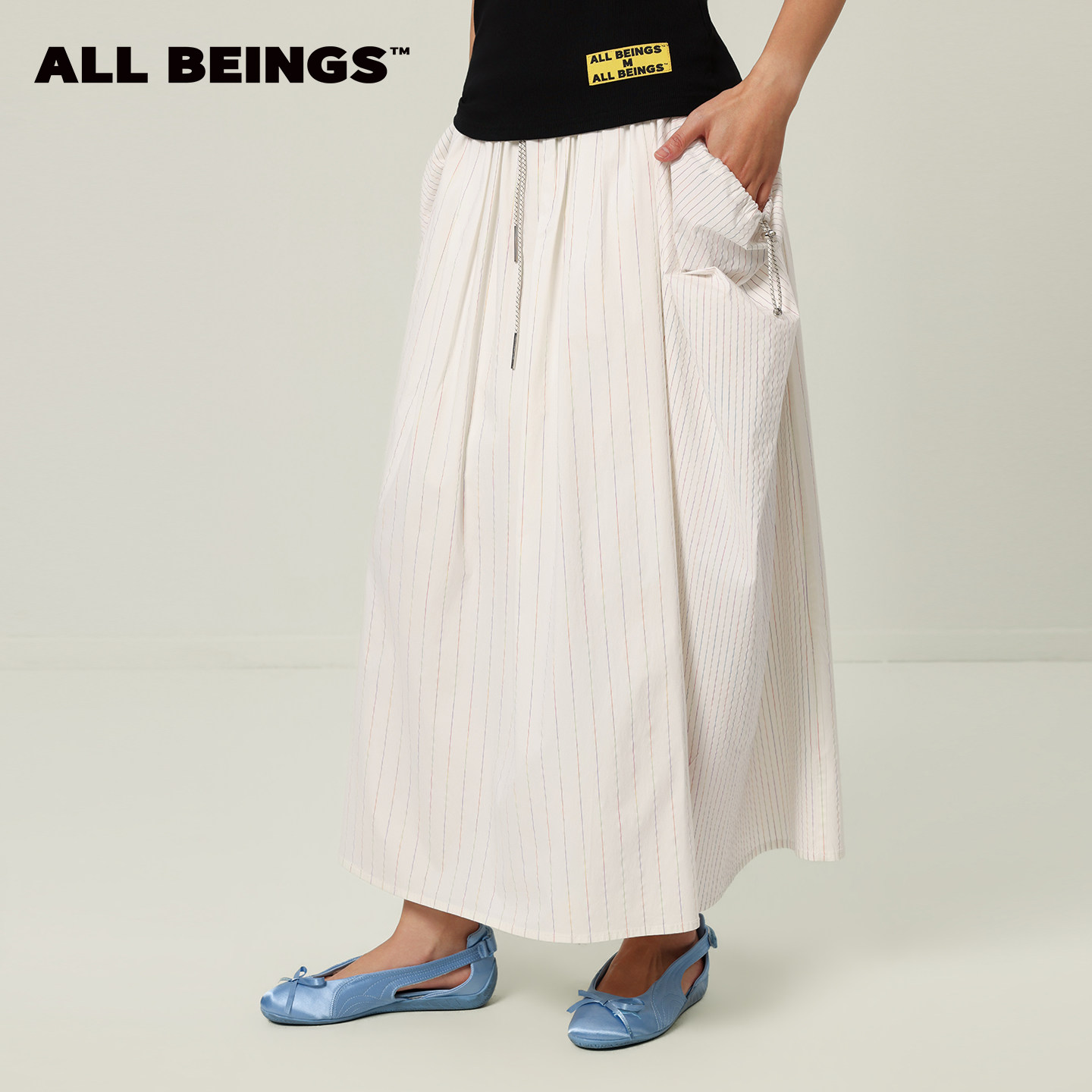 ALL BEINGS26SS夏季松弛感米白色织条纹抽绳降落伞半身长裙新款
