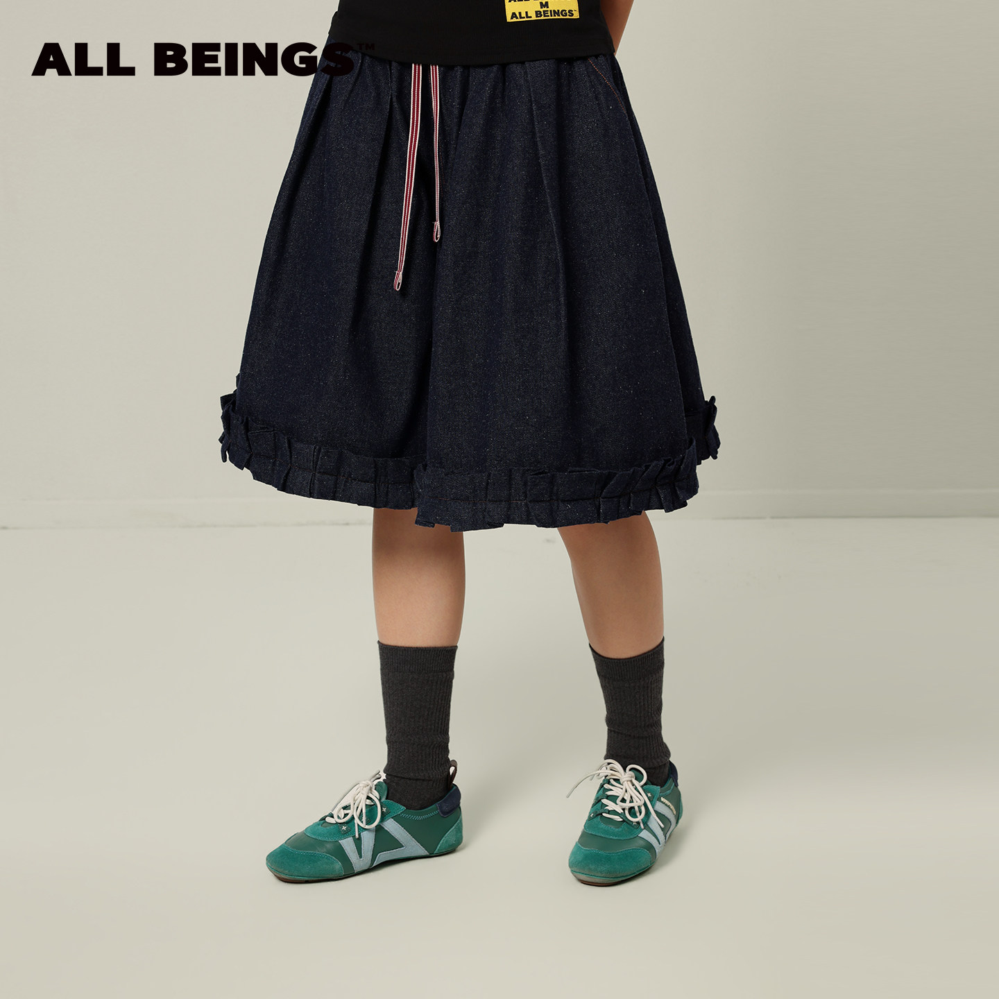 ALL BEINGS2026SS夏季新款复古原牛色毛刺牛仔花边A摆五分裙裤女