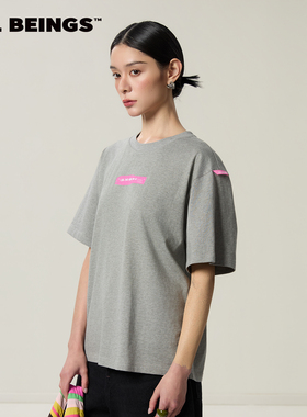 ALL BEINGS26SS新款花灰色手写便条印花圆领纯棉短袖百搭T恤女