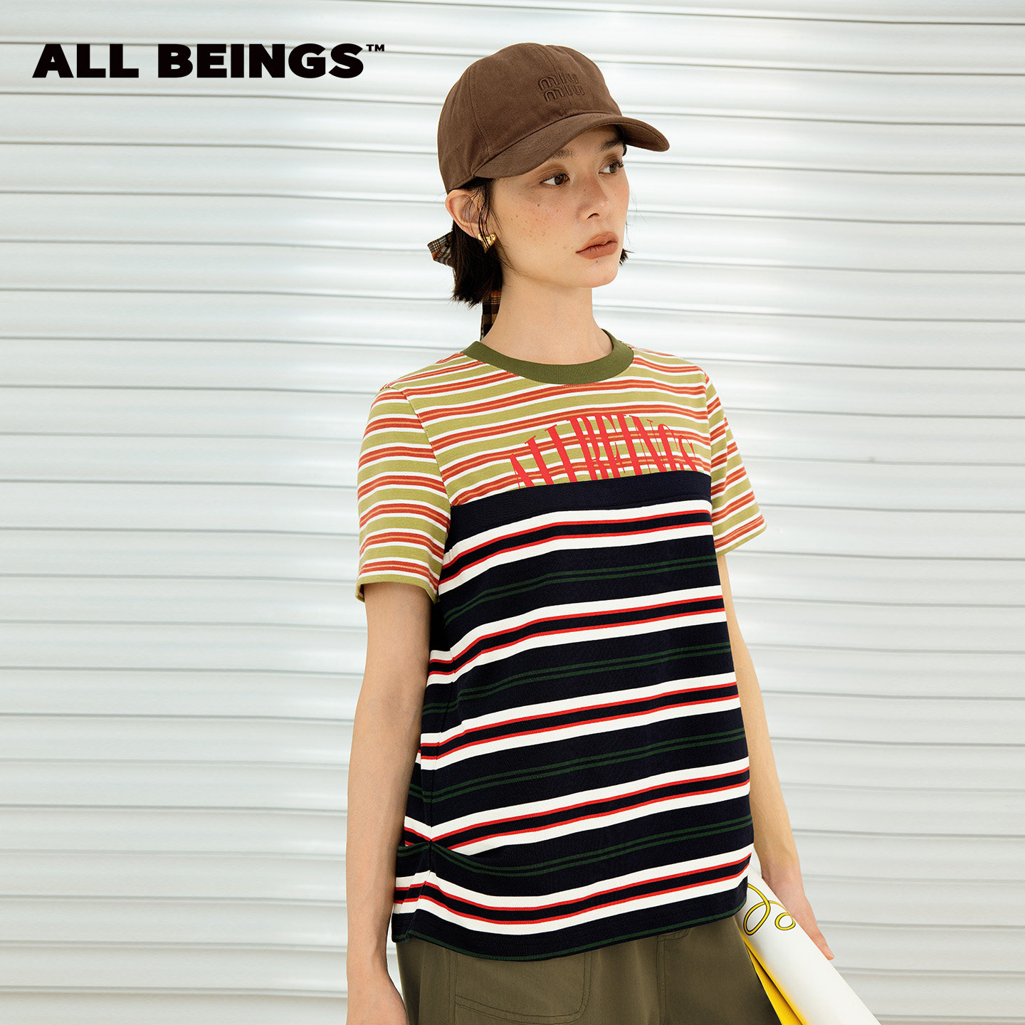 ALL BEINGS2026SS夏季新款复古撞色条纹创意抹胸假两件短袖T恤
