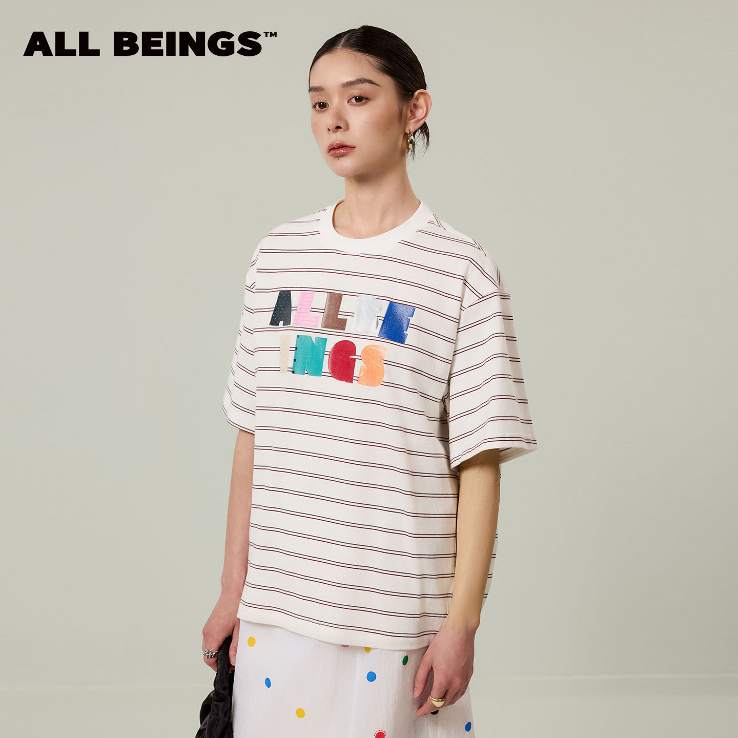 ALL BEINGS[多巴胺穿搭]2026SS夏季新款字母印花条纹纯棉短袖T恤