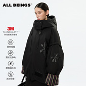 新款 ALL BEINGS25AW冬季 可拆卸双面两穿贴布绣3M新雪丽保暖棉服女