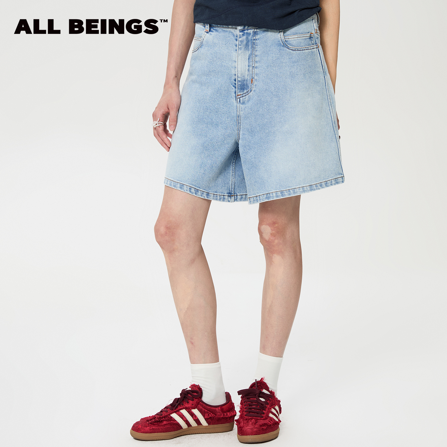 ALL BEINGS25SS轻薄宽松阔腿洗水牛仔A字五分短裤夏季新款