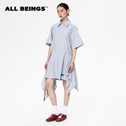 ALL BEINGS25SS夏季新款纯棉蓝灰条纹不规则轻薄衬衫式连衣裙