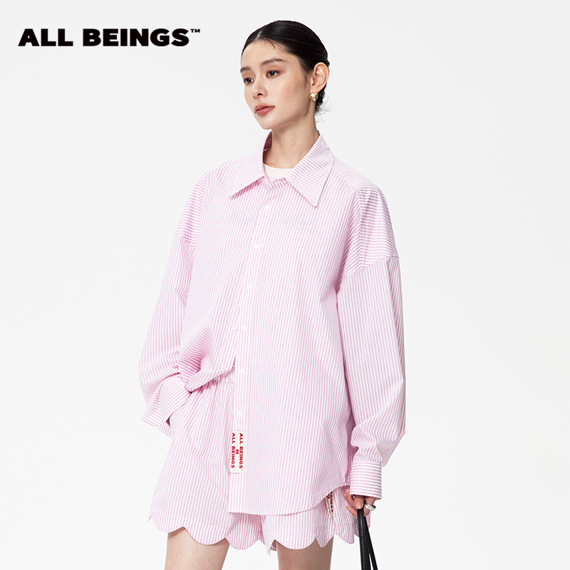 ALL BEINGS25SS夏季新款设计感粉色竖条纹刺绣廓形衬衫外套女