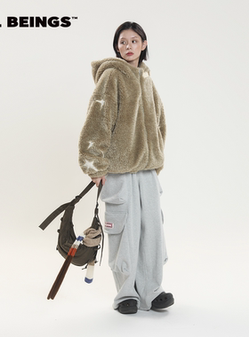 ALL BEINGS24AW冬季新款浅绿色仿羊羔毛大廓形加厚休闲连帽外套女