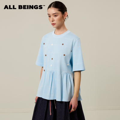 ALL BEINGS2026SS夏季新品设计感小清新浅蓝条纹波点花瓣A摆T恤