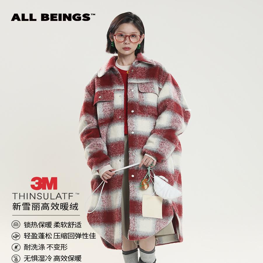ALLBEINGS红格子毛呢大衣中长款