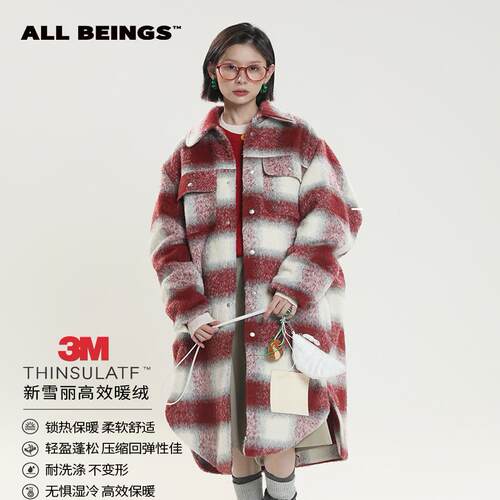 ALLBEINGS红格子毛呢大衣中长款