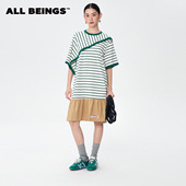ALL 拼接连衣裙显瘦百搭 绿色条纹方巾T恤式 BEINGS25AW秋季 新款