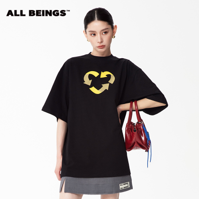 ALL BEINGS2025SS夏季新款循环爱心黑色大廓形宽松短袖T恤女