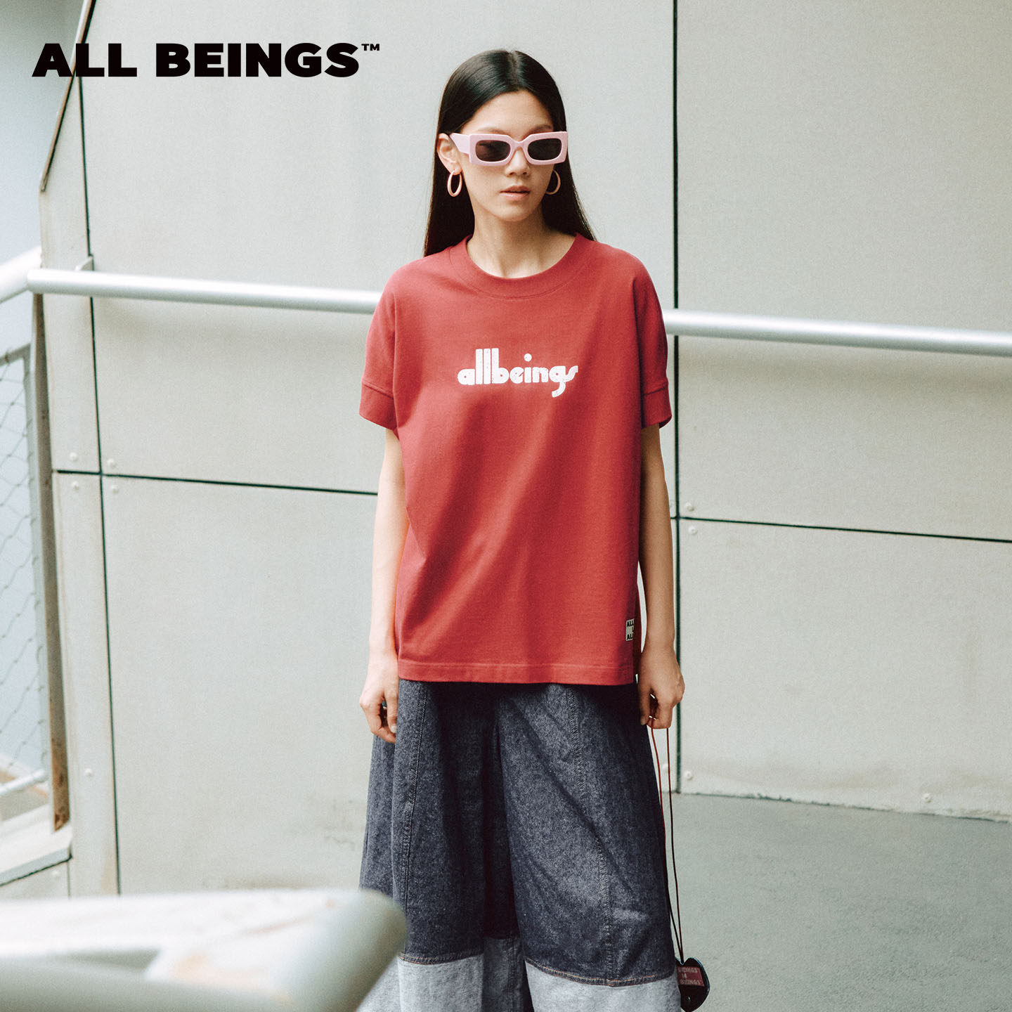 ALL BEINGS2026SS夏季新款红色褶皱螺纹字母圆领纯棉短袖T恤