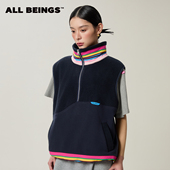 新款 ALL BEINGS26SS春季 彩条拼色抓绒半拉链立领保暖背心马甲女