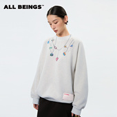 ALL BEINGS25AW秋冬新款 浅花灰彩色圆领纯棉印花卫衣上衣外套女