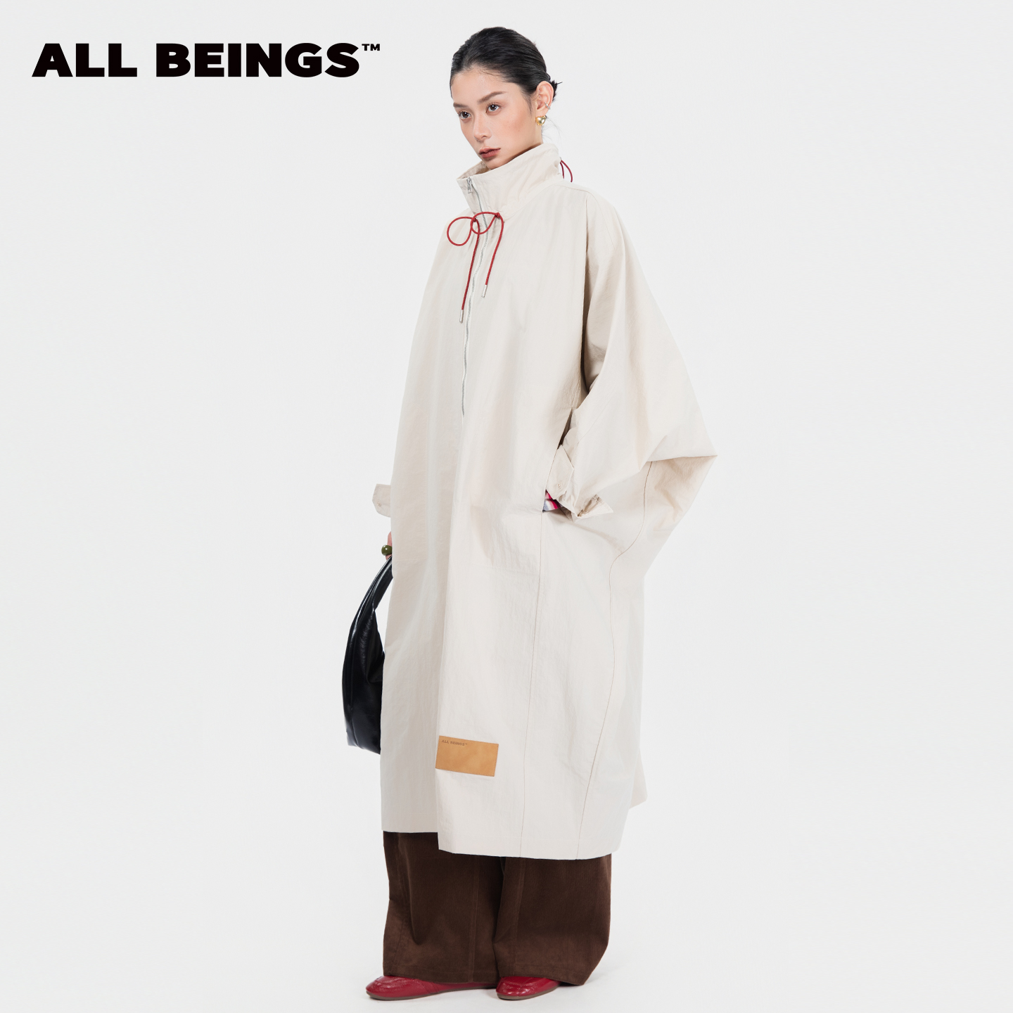 ALL BEINGS2025AW秋季新款浅卡其连身袖大廓形中长款风衣外套女