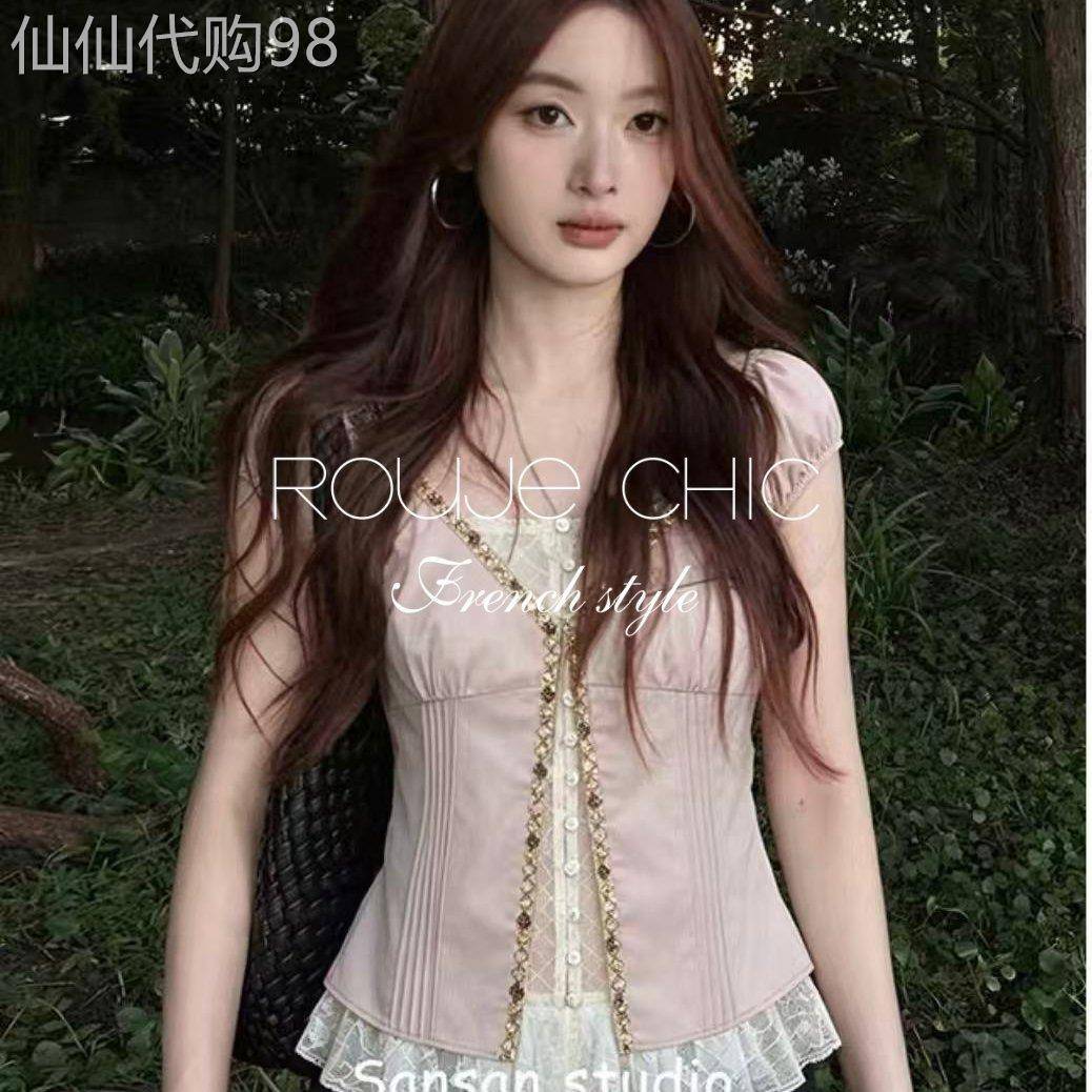 法国rouje chic夏季粉色假两件短袖上衣法式甜美风蕾丝花边衬衫女