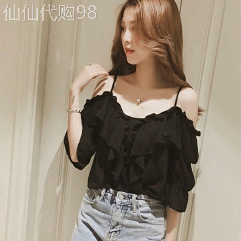 雪纺衫短袖女2026新款夏季欧货超仙一字露肩吊带洋派小衫半袖上衣