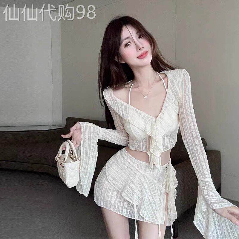 泳衣女套装小胸聚拢长袖度假风绝美超仙遮肚显瘦泡温泉比基尼