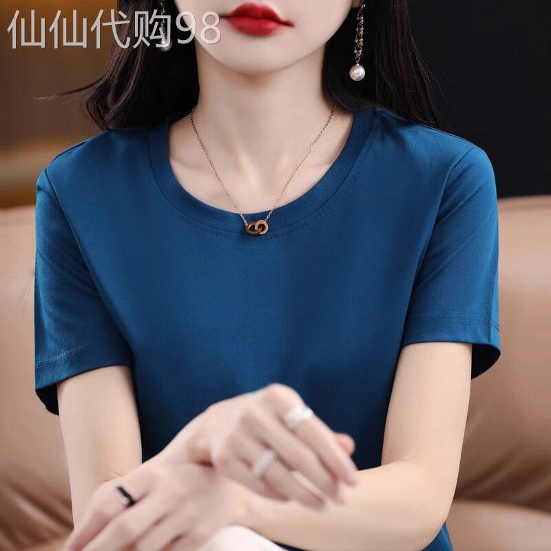 潮牌100%纯棉T恤女夏季新款双面丝光棉短袖V领圆领宽松大尺码上衣