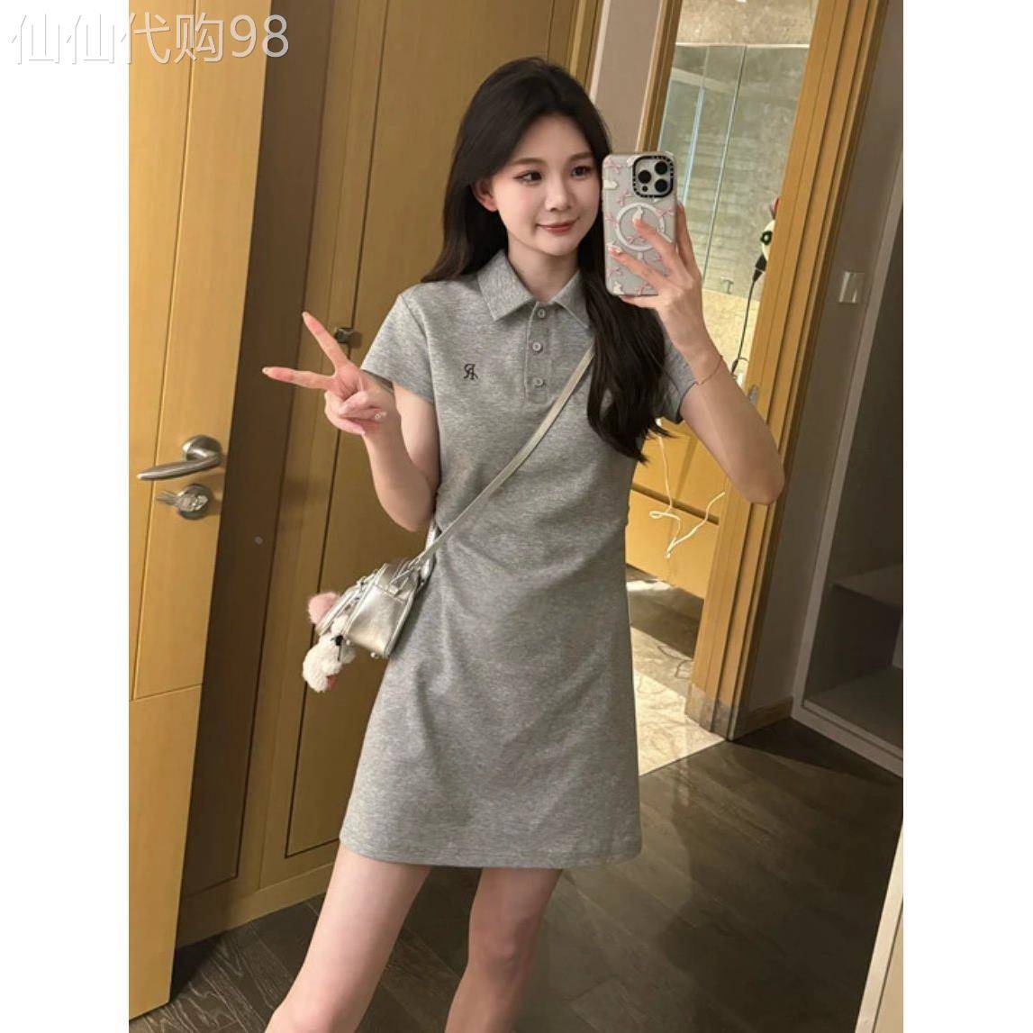 法式学院风撞色刺绣Polo领洋装女夏季欧货收腰显瘦休闲a字T恤裙