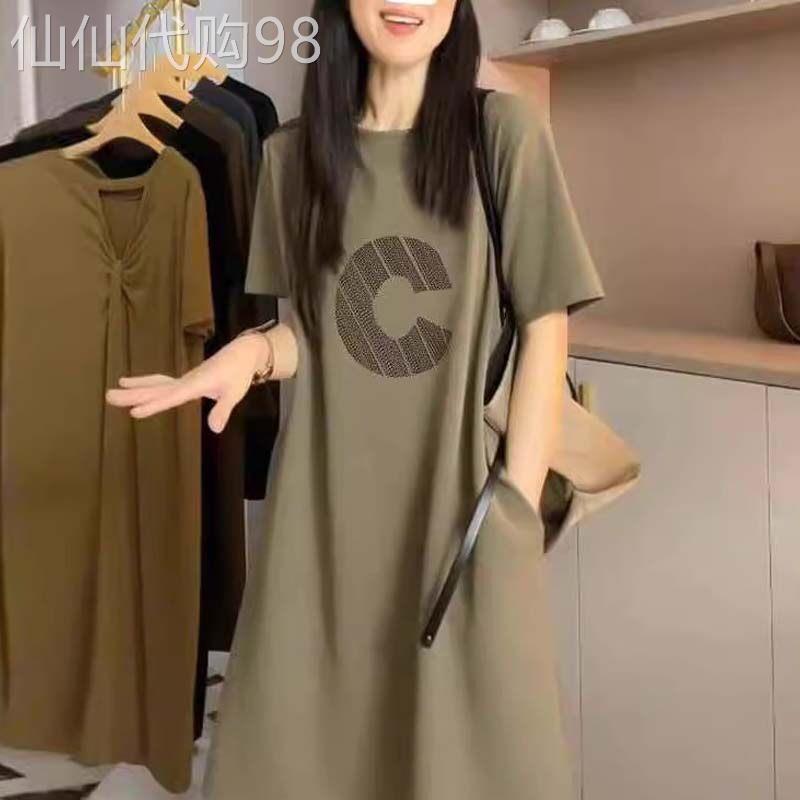 中长版T恤裙女夏欧货纯棉印花圆领短袖懒人裙大尺码过膝孕妇洋装