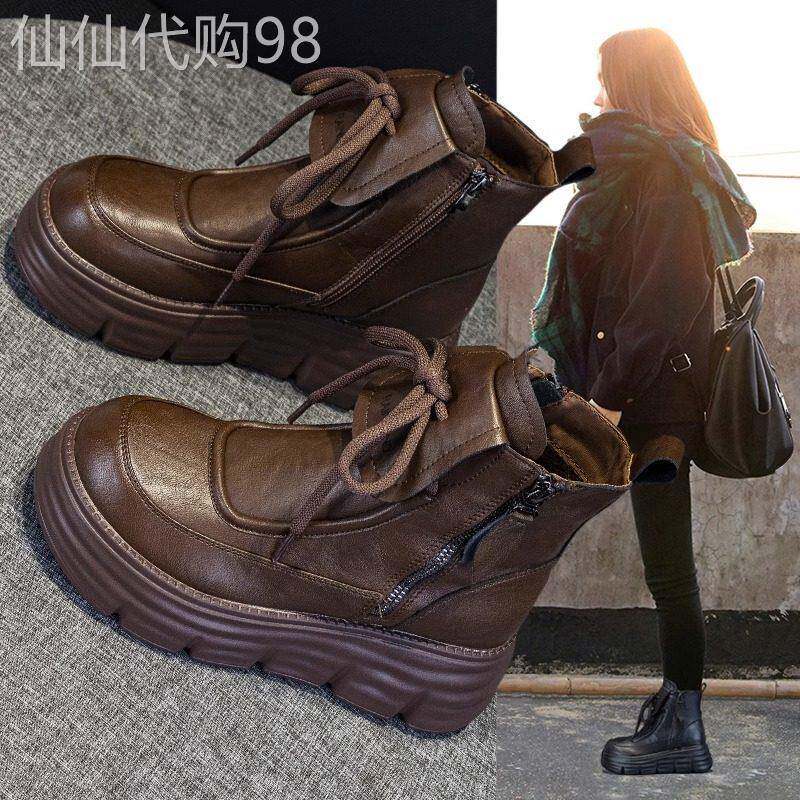 真皮英伦风格女靴春季和秋季2025新覆古天鹅绒棉靴小增高厚底短靴