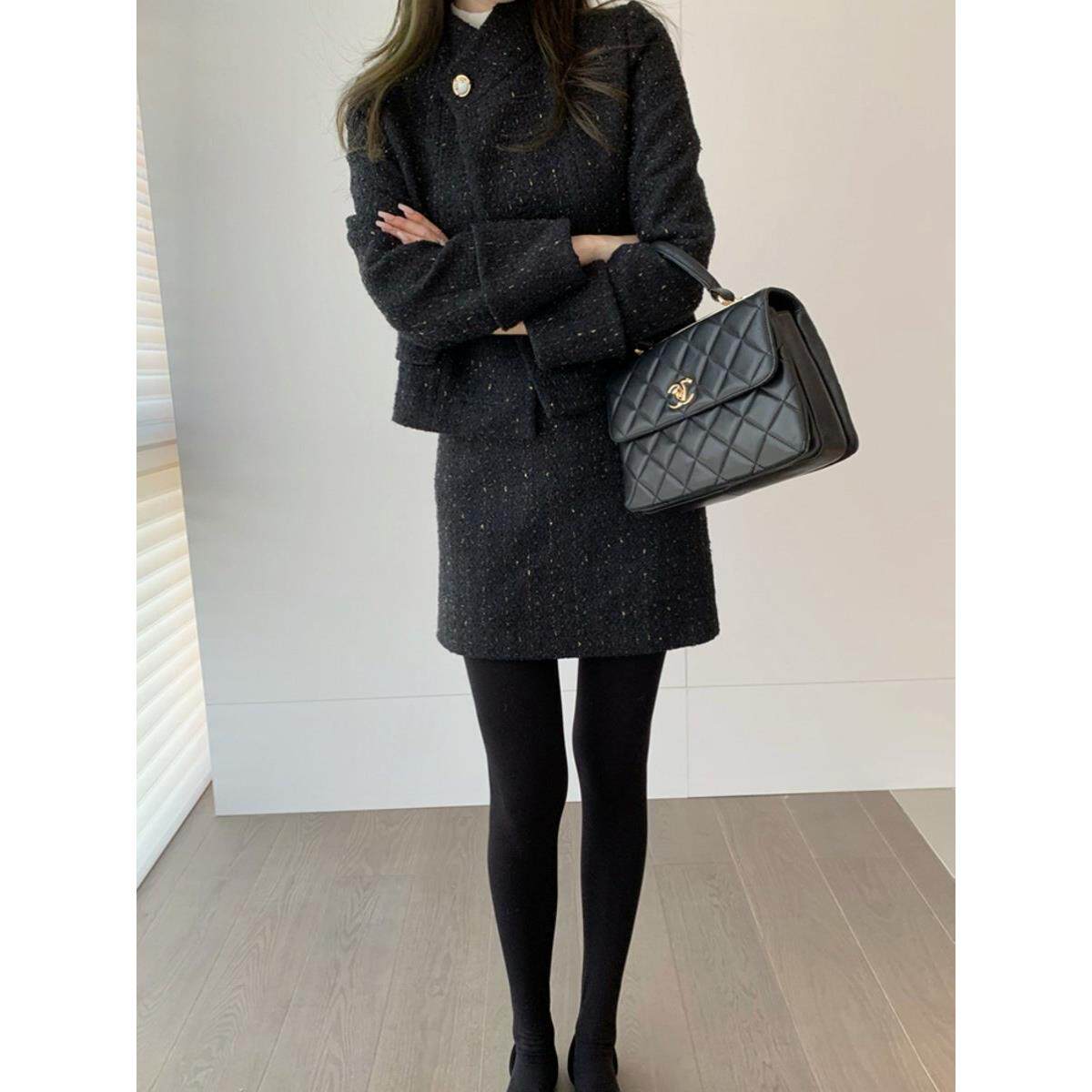 韩国2025冬新款名媛小香风加厚编织外套半身裙两件套毛呢时尚套装