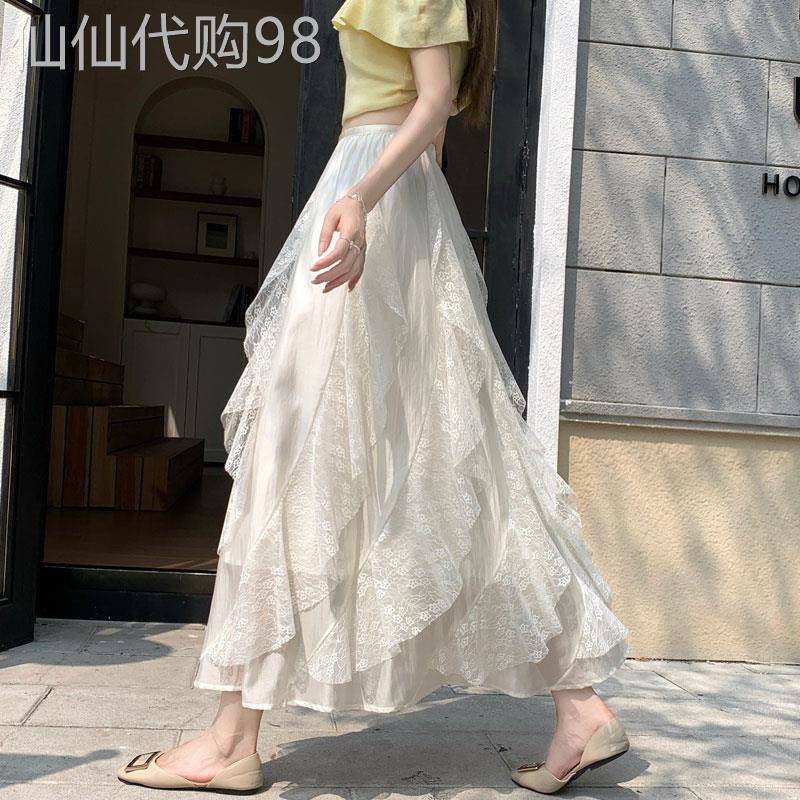 蕾丝花边不规则半身裙女2026年夏季新款高腰垂感a字大摆蛋糕长裙
