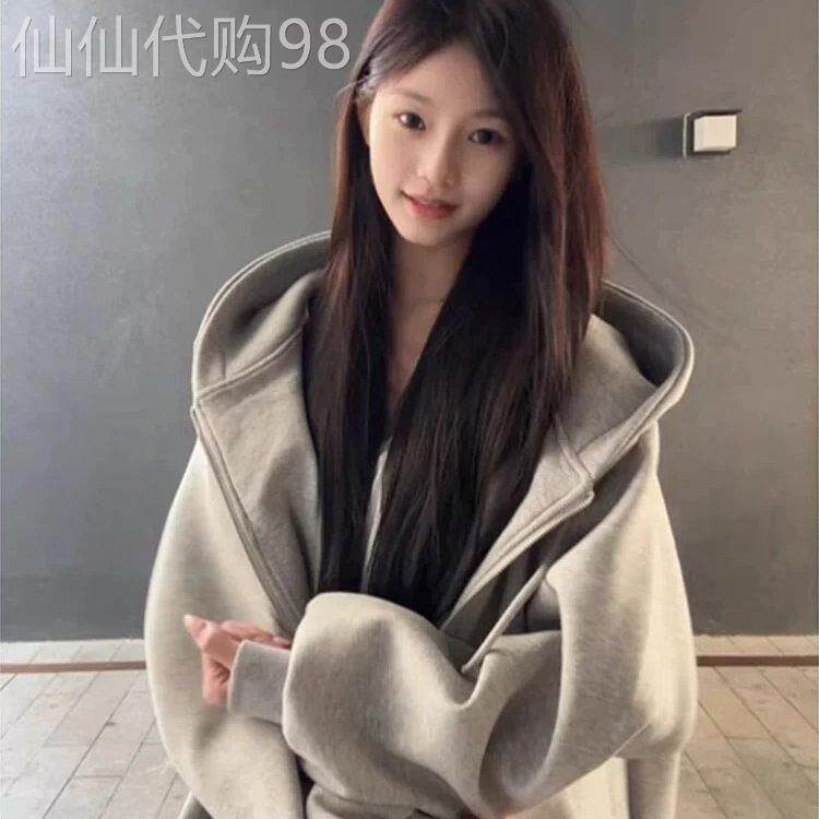 米兰风MDCW灰色连帽卫衣外套女款2026新款韩系秋季穿搭厚重磅运动