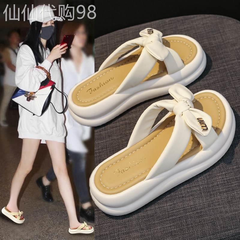 2026夏季新款仙女蝴蝶结拖鞋女外穿厚底增高休闲一字沙滩凉拖软底
