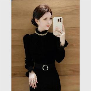 法式轻奢黑色木耳边立领丝绒衬衫女冬季高端独特漂亮气质小资上衣