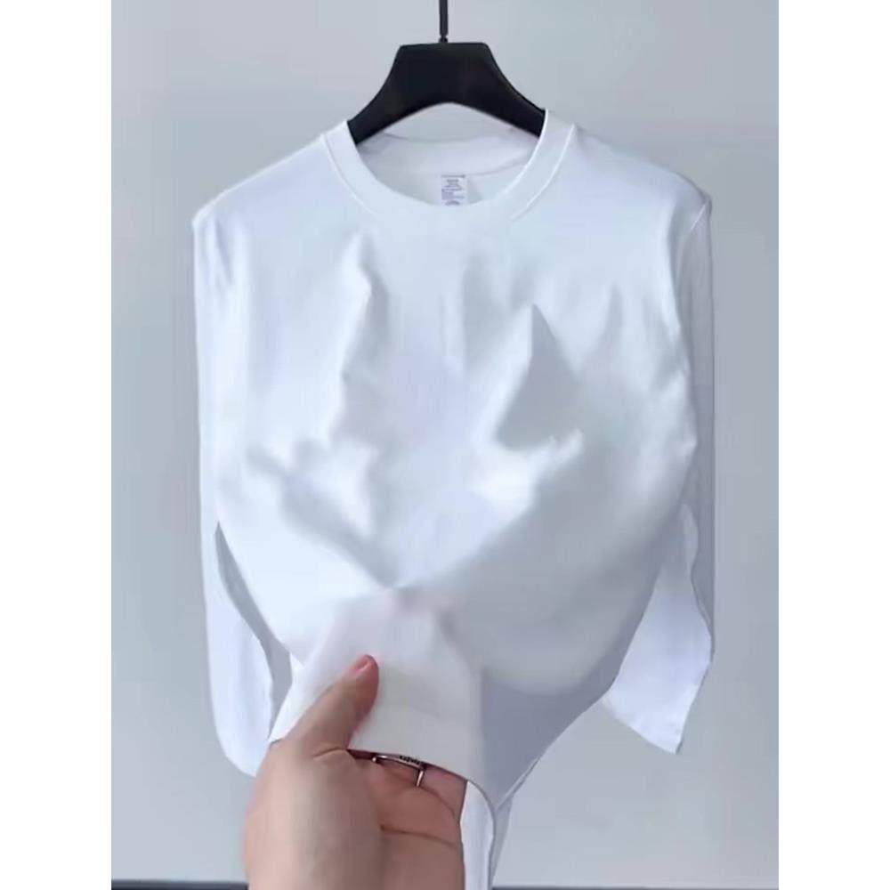 纯白色长袖高级感T恤春秋季2025新款圆领高端休闲男士打底衫修身