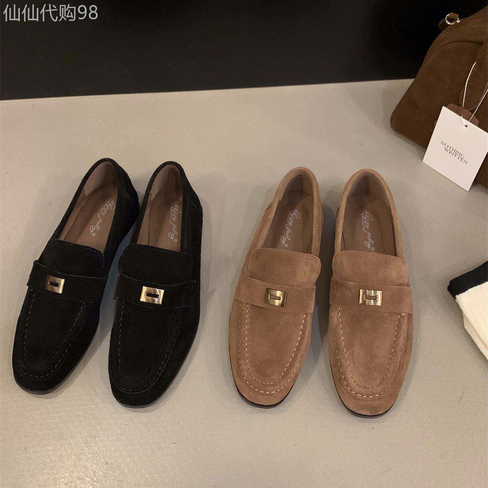 轻奢平底复古真皮黑色乐福单鞋女2026春秋季新款绒面法式小皮鞋